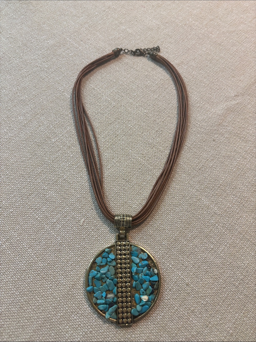 Round Turquoise Chip Pendant Necklace with Brown Multi-Strand Cord